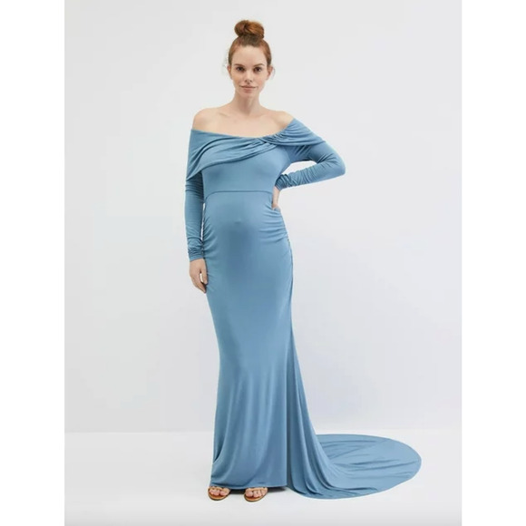 Motherhood Maternity Gender Reveal Off-Shoulder Maternity Photoshoot Gown Blue - Picture 1 of 4